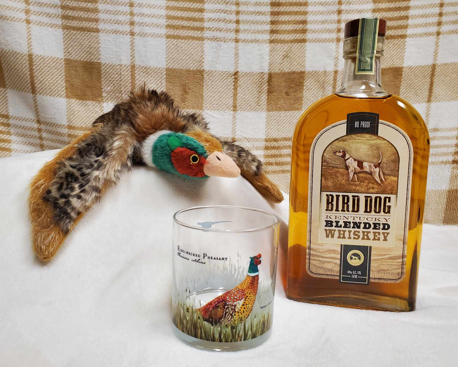 Bird Dog Whiskey, Pheasant Glass and dog toy